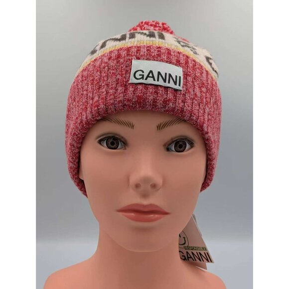 Ganni Women’s Graphic Wool Beanie Pompom Multicolor A4987 - Picture 8 of 10